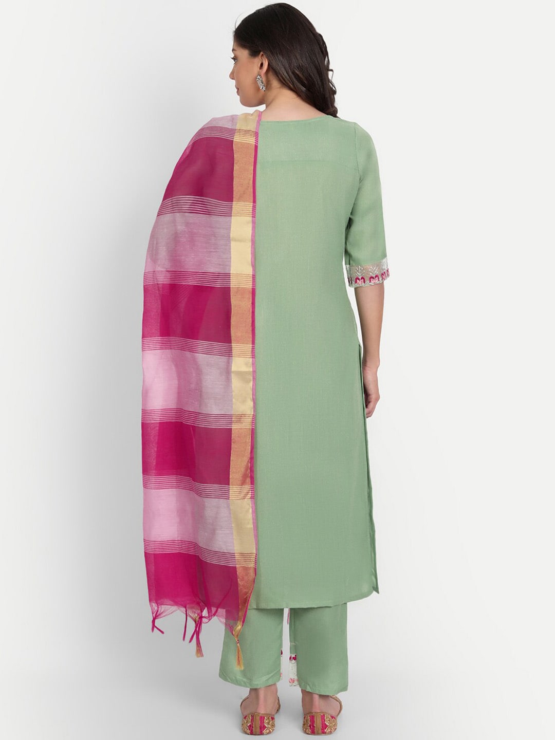 Kalini Floral Yoke Design Regular Thread Work Kurta with Trousers & With Dupatta - Distacart