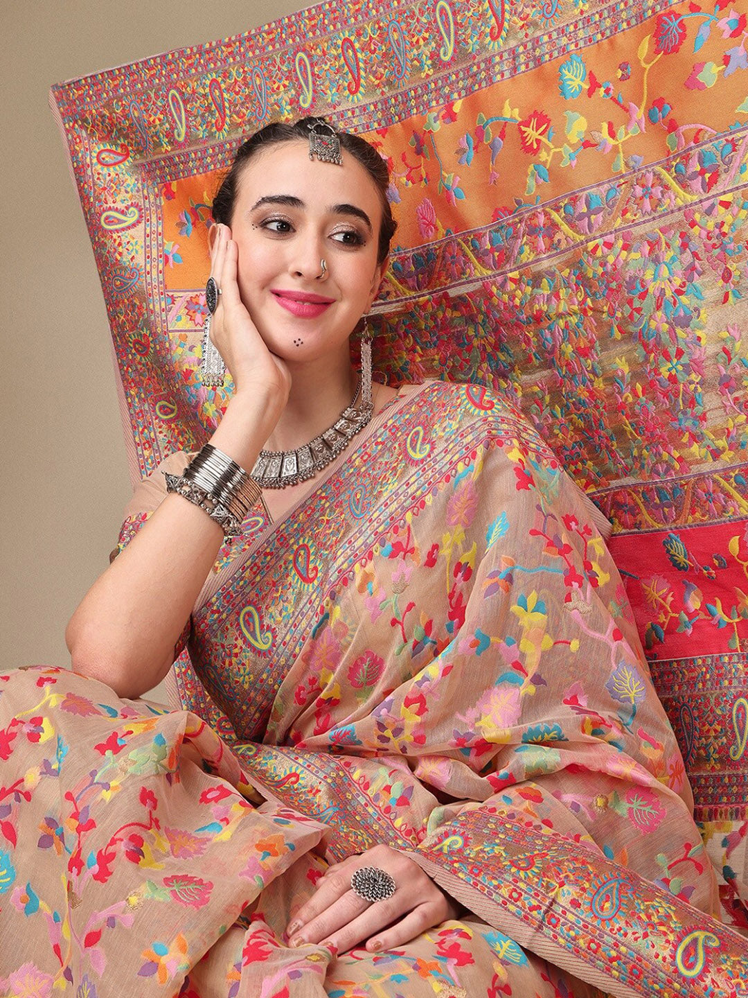 Sangria Beige & Orange Floral Woven Design Pure Silk Saree - Distacart