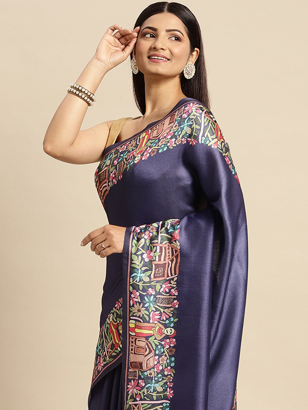 Mitera Blue Floral Pashmina Silk Saree - Distacart