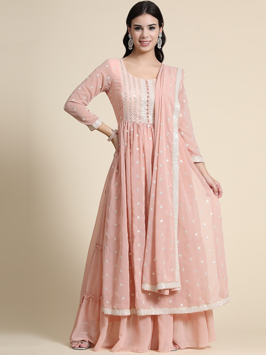 Kalini Women Peach-Coloured Ethnic Motifs Embroidered Empire Thread Work Kurta with Sharara & With Dupatta - Distacart