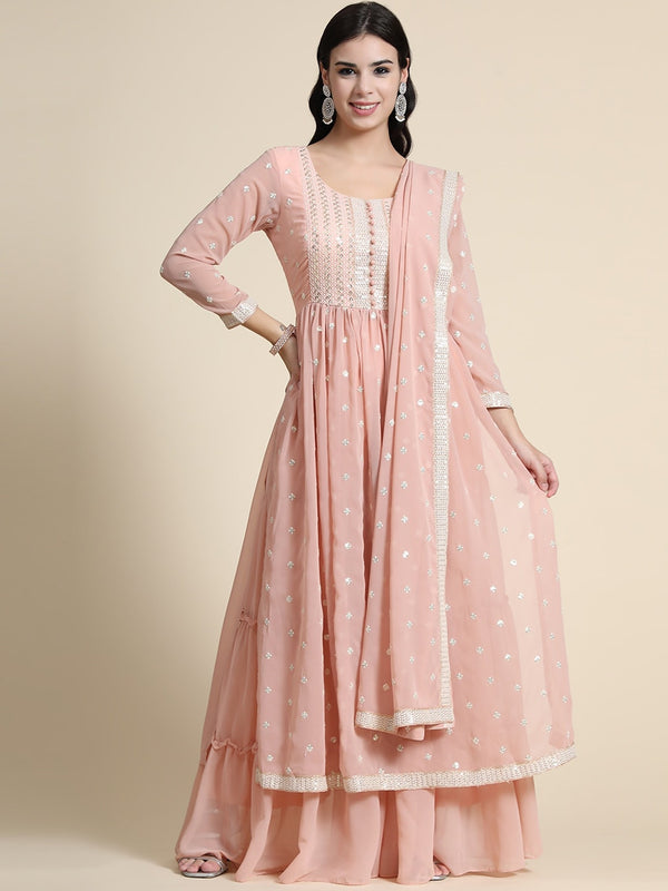 Kalini Women Peach-Coloured Ethnic Motifs Embroidered Empire Thread Work Kurta with Sharara & With Dupatta - Distacart