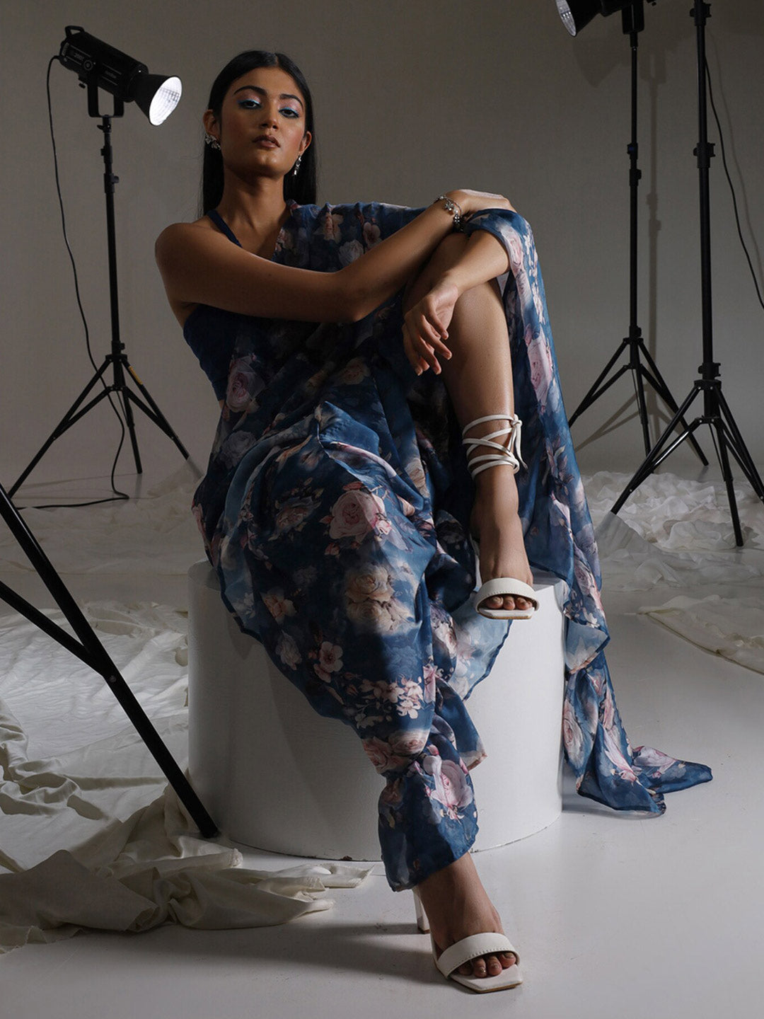 Tikhi Imli Blue Floral Printed Satin Ruffles Saree - Distacart