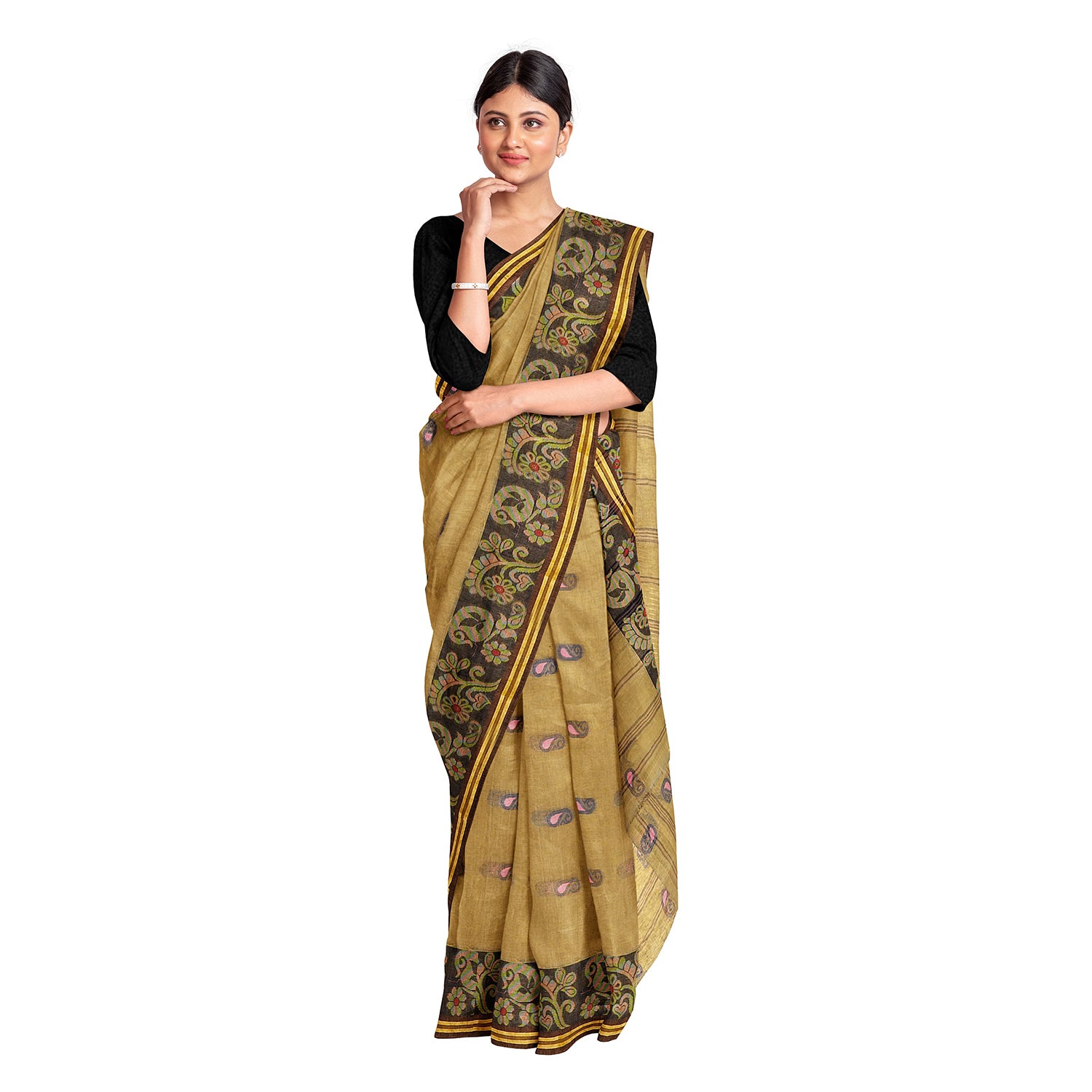 Exclusive Collection 100% Pure Cotton Dark Mustard Tant Saree With Hand Weaving Work - Distacart