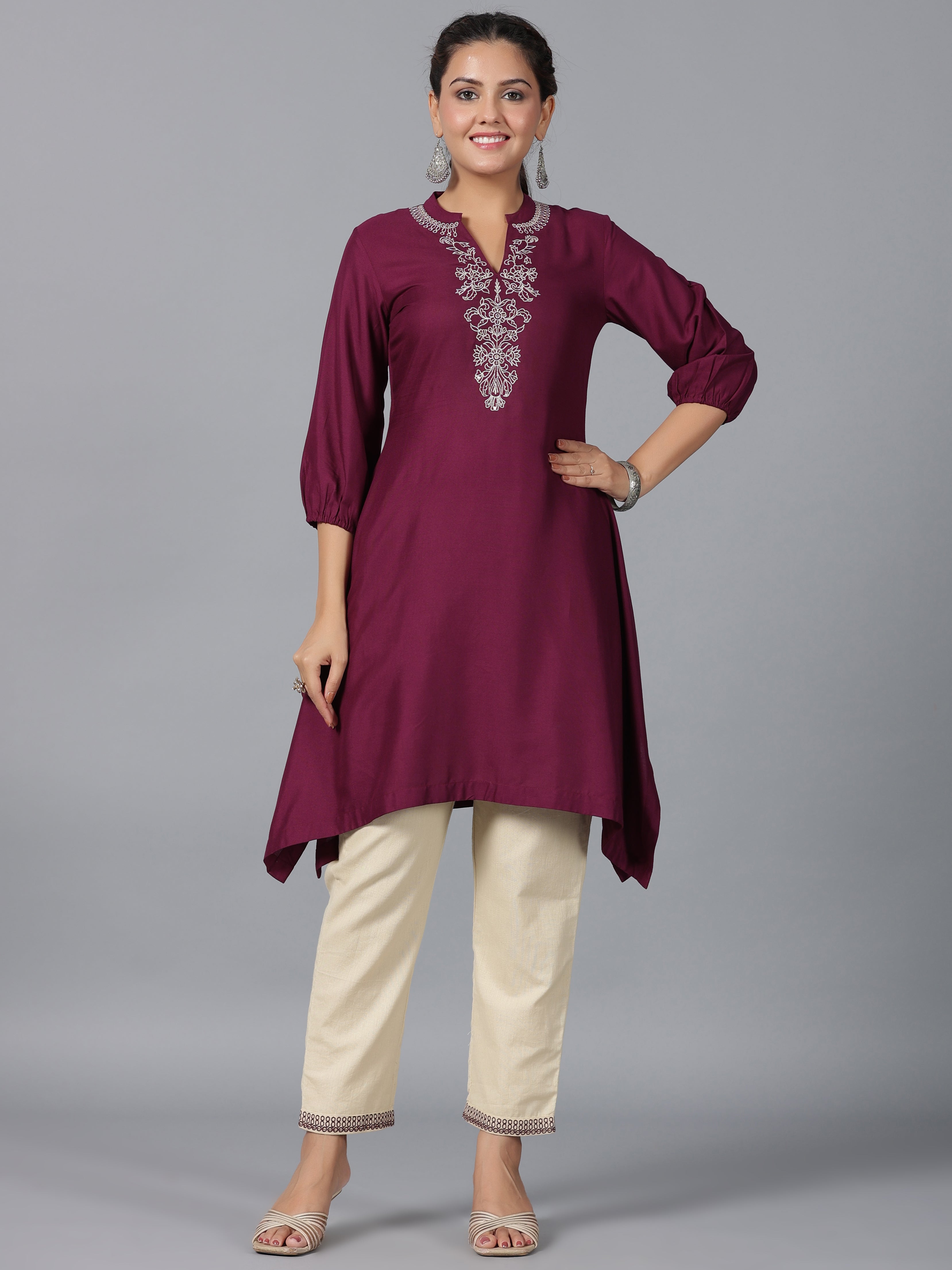 Juniper Women Maroon Rayon Embroidered Asymmetric Kurta & Pants Set - Distacart