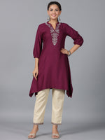 Thumbnail for Juniper Women Maroon Rayon Embroidered Asymmetric Kurta & Pants Set - Distacart