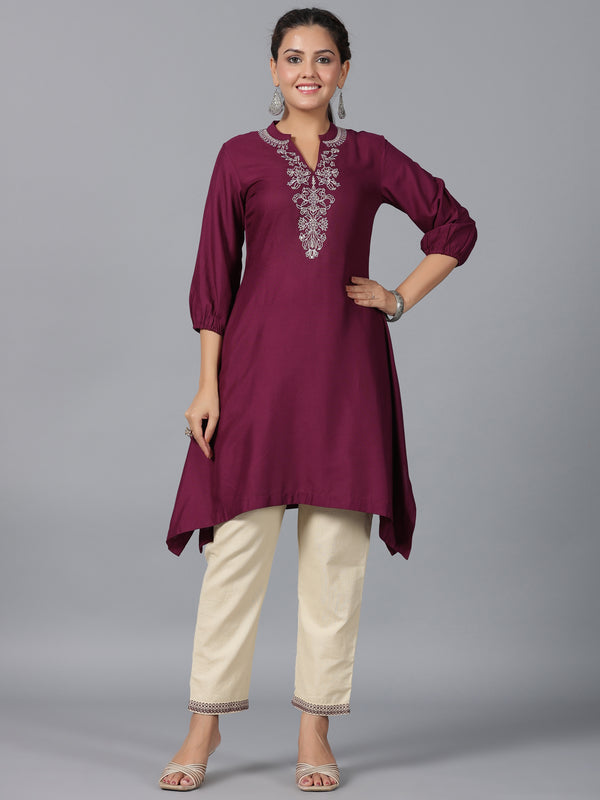 Juniper Women Maroon Rayon Embroidered Asymmetric Kurta & Pants Set - Distacart