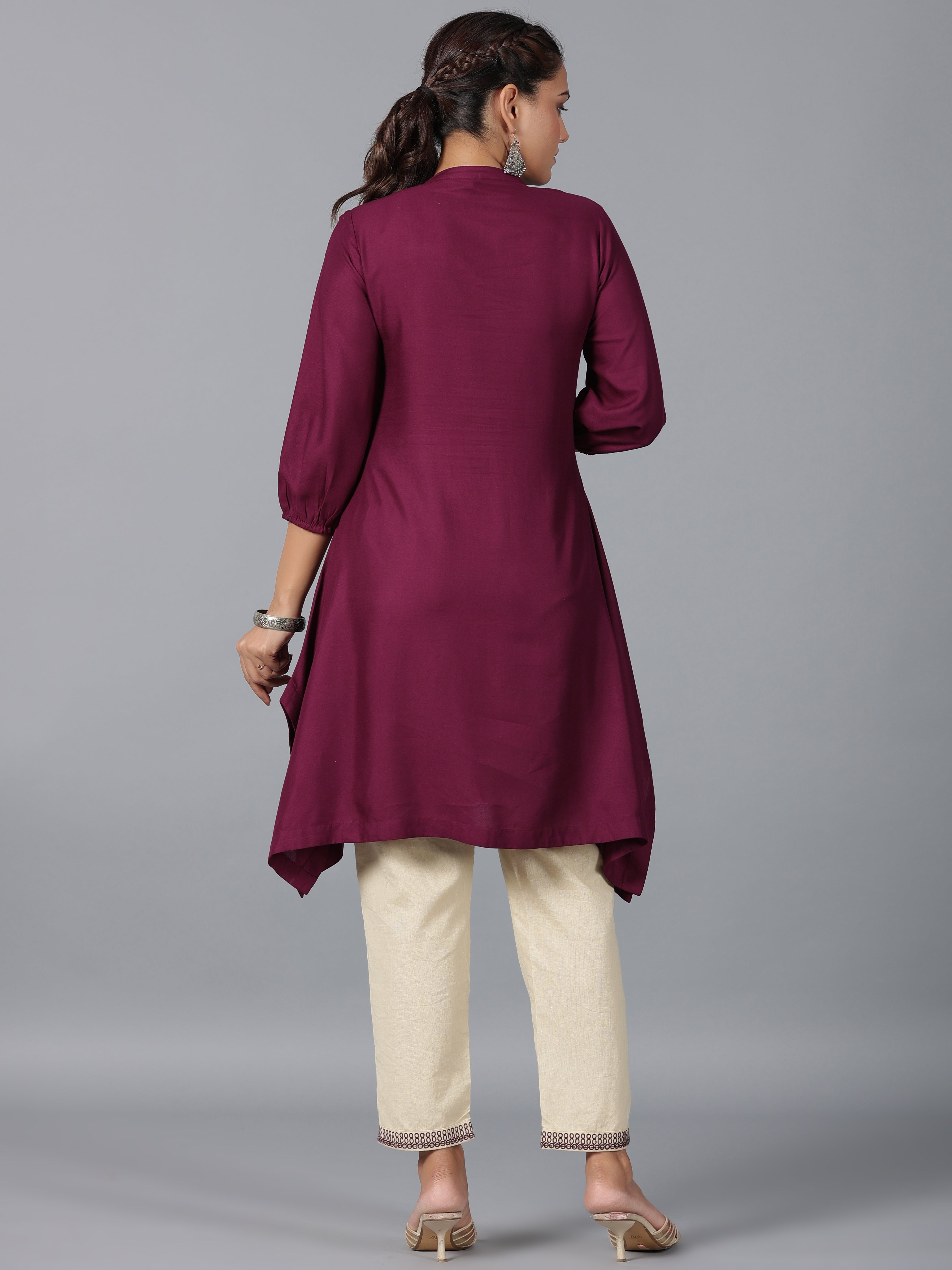 Juniper Women Maroon Rayon Embroidered Asymmetric Kurta & Pants Set - Distacart