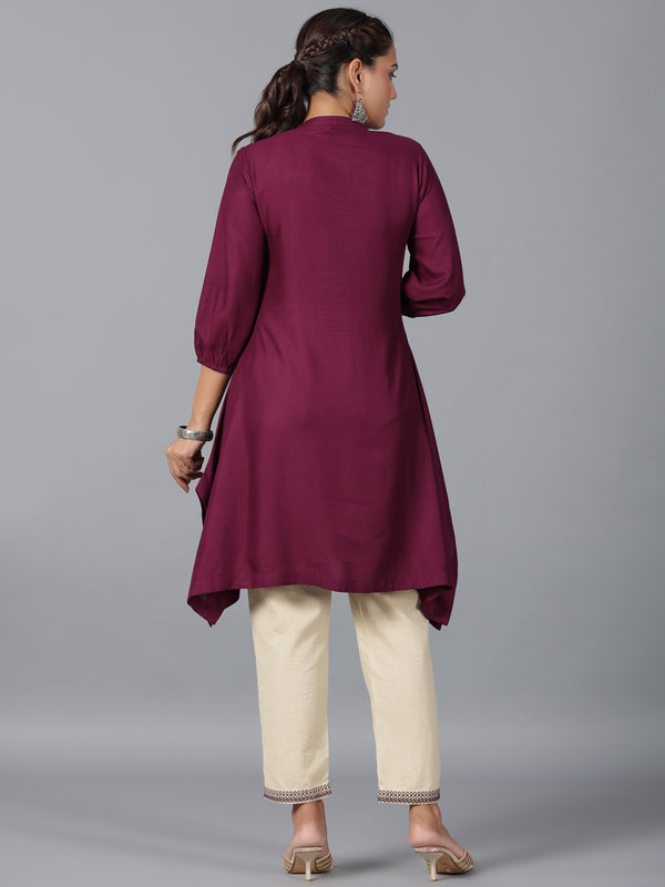 Juniper Women Maroon Rayon Embroidered Asymmetric Kurta & Pants Set - Distacart