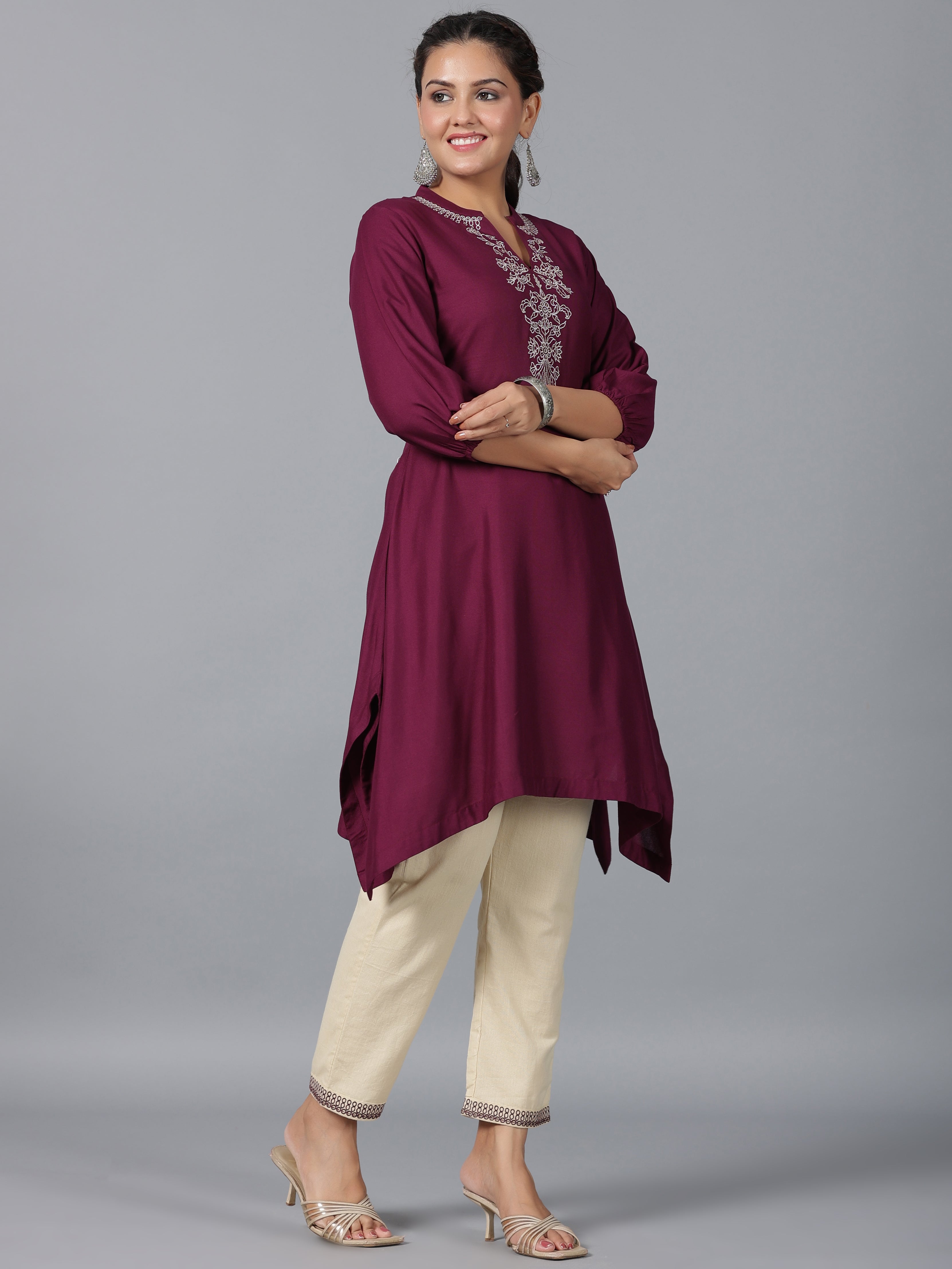 Juniper Women Maroon Rayon Embroidered Asymmetric Kurta & Pants Set - Distacart