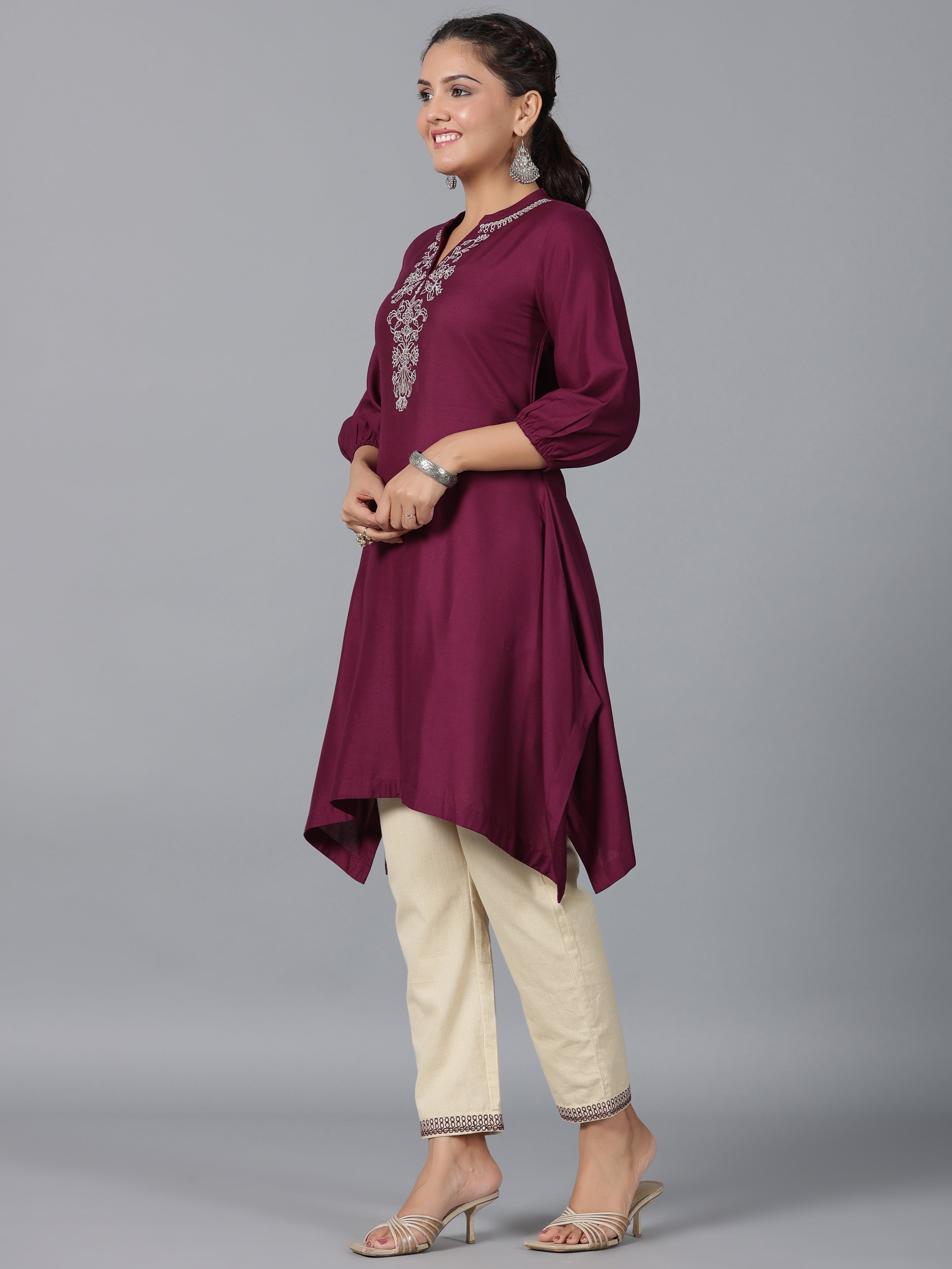 Juniper Women Maroon Rayon Embroidered Asymmetric Kurta & Pants Set - Distacart