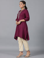 Thumbnail for Juniper Women Maroon Rayon Embroidered Asymmetric Kurta & Pants Set - Distacart