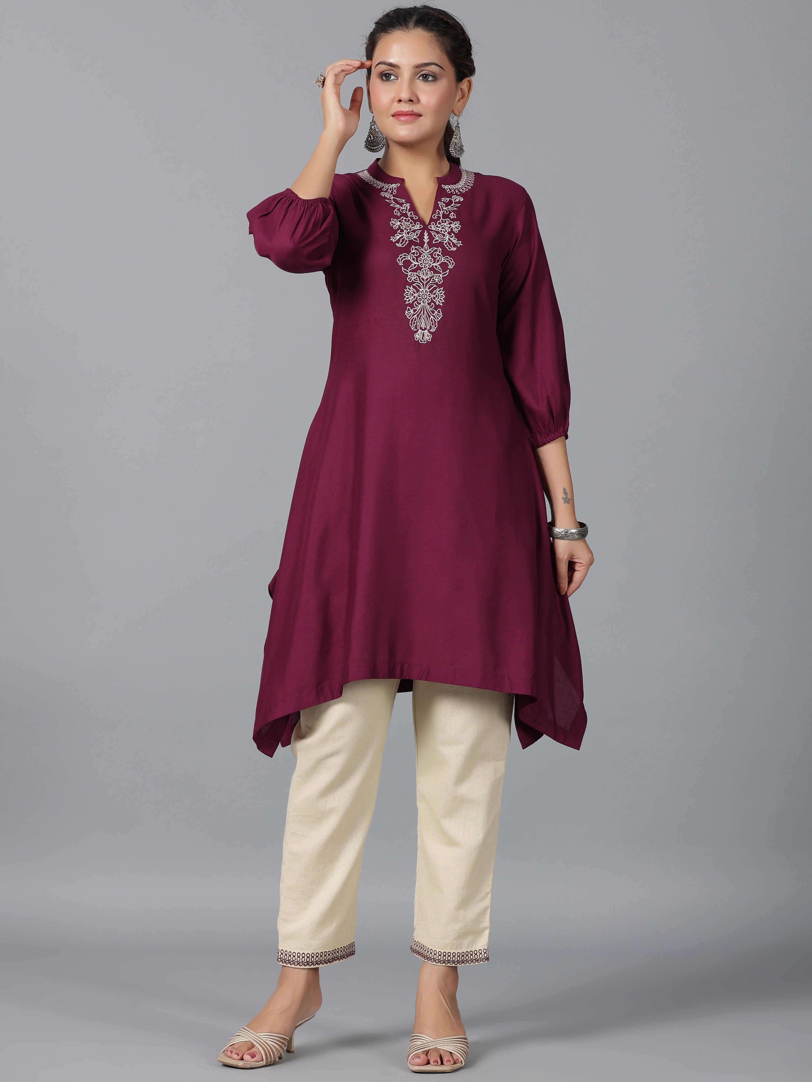 Juniper Women Maroon Rayon Embroidered Asymmetric Kurta & Pants Set - Distacart