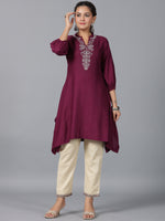 Thumbnail for Juniper Women Maroon Rayon Embroidered Asymmetric Kurta & Pants Set - Distacart