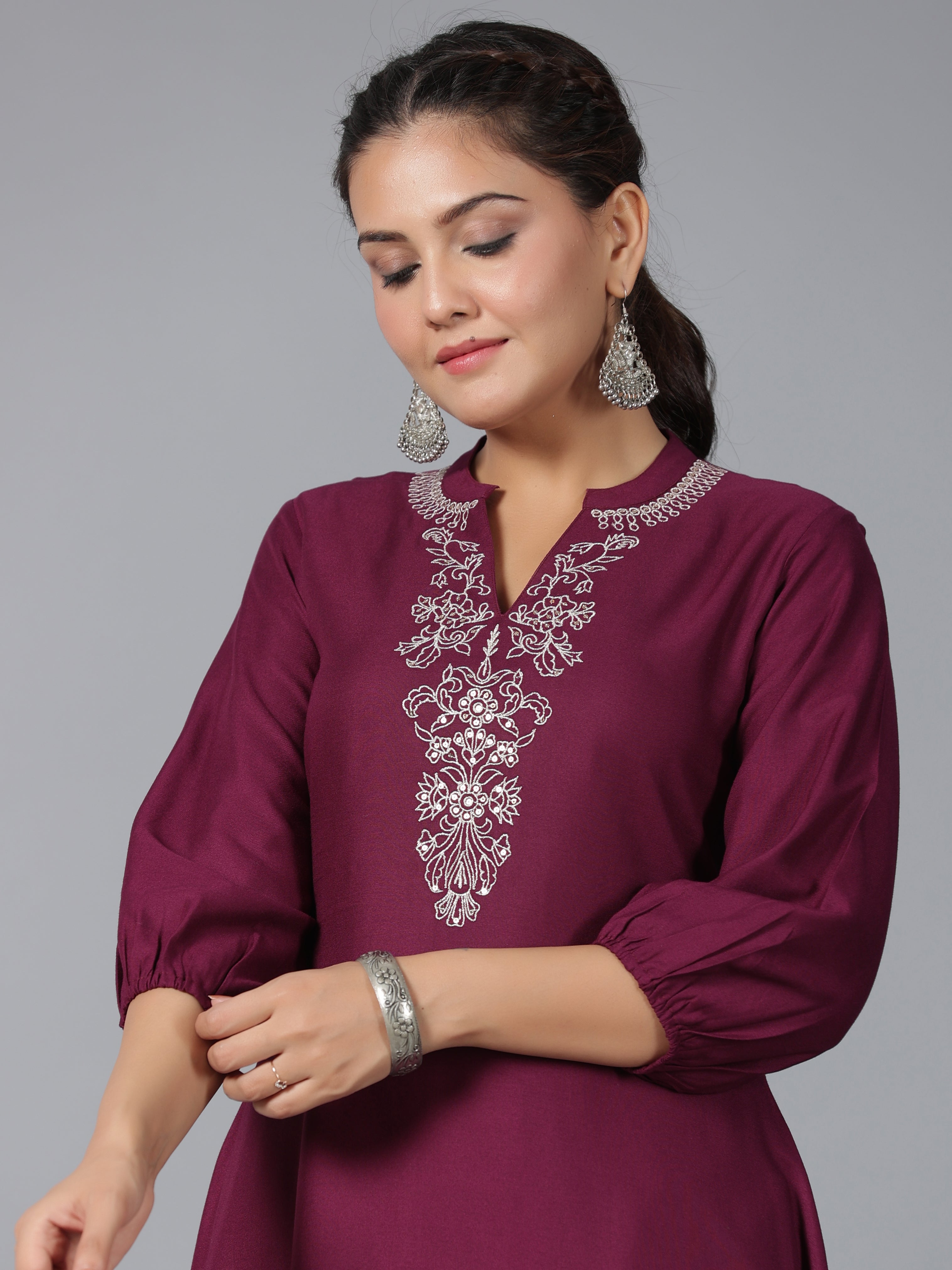 Juniper Women Maroon Rayon Embroidered Asymmetric Kurta & Pants Set - Distacart