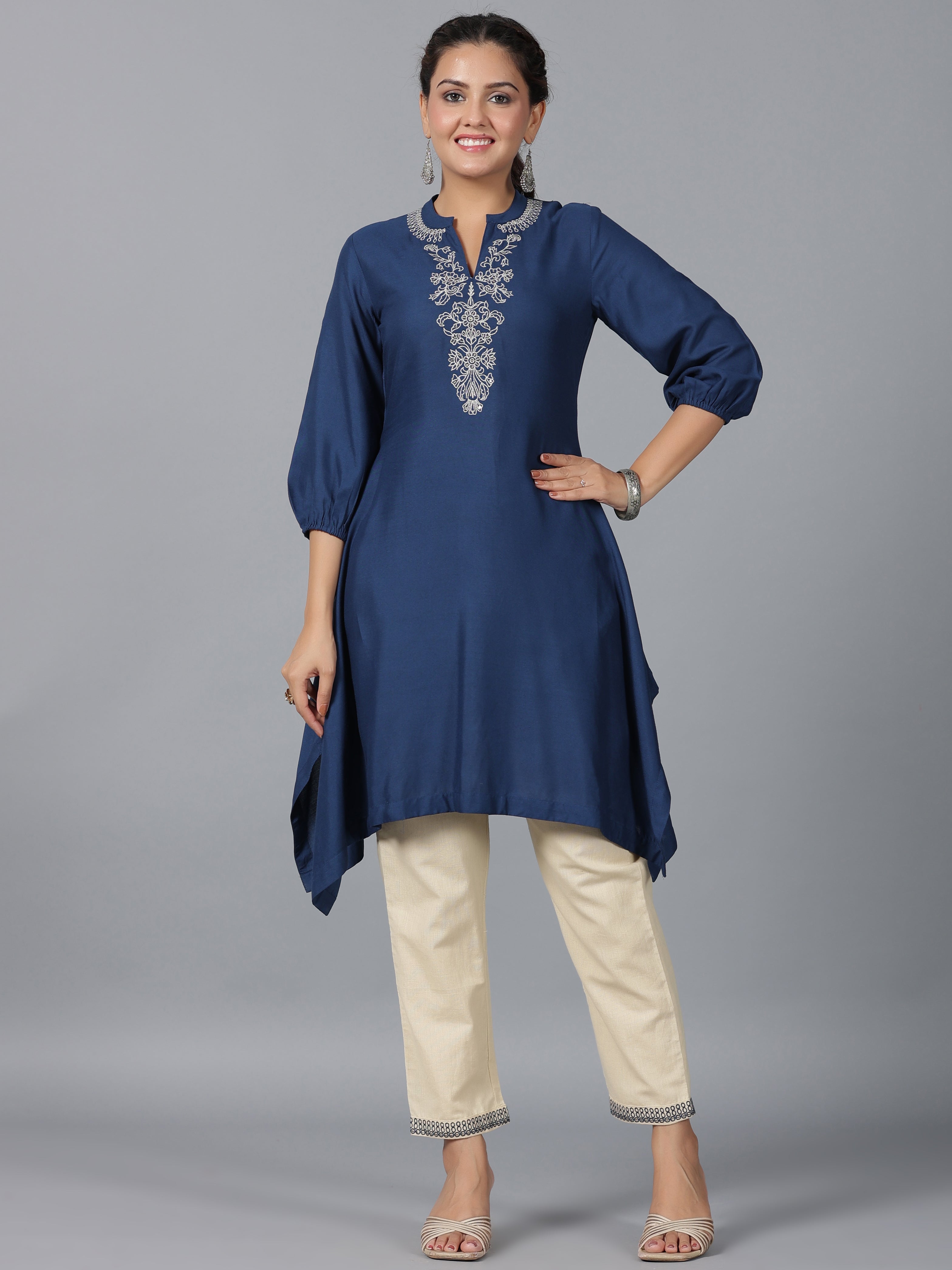 Juniper Women Navy Blue Rayon Embroidered Asymmetric Kurta & Pants Set - Distacart