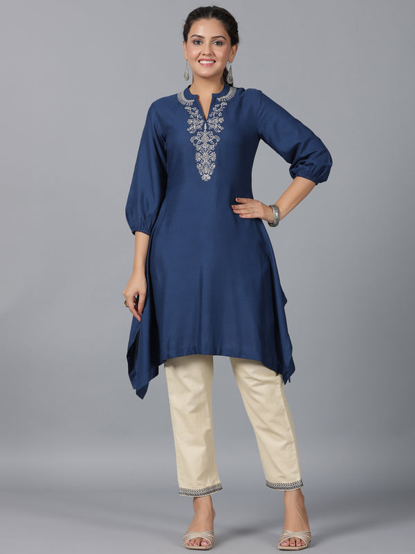 Juniper Women Navy Blue Rayon Embroidered Asymmetric Kurta & Pants Set - Distacart