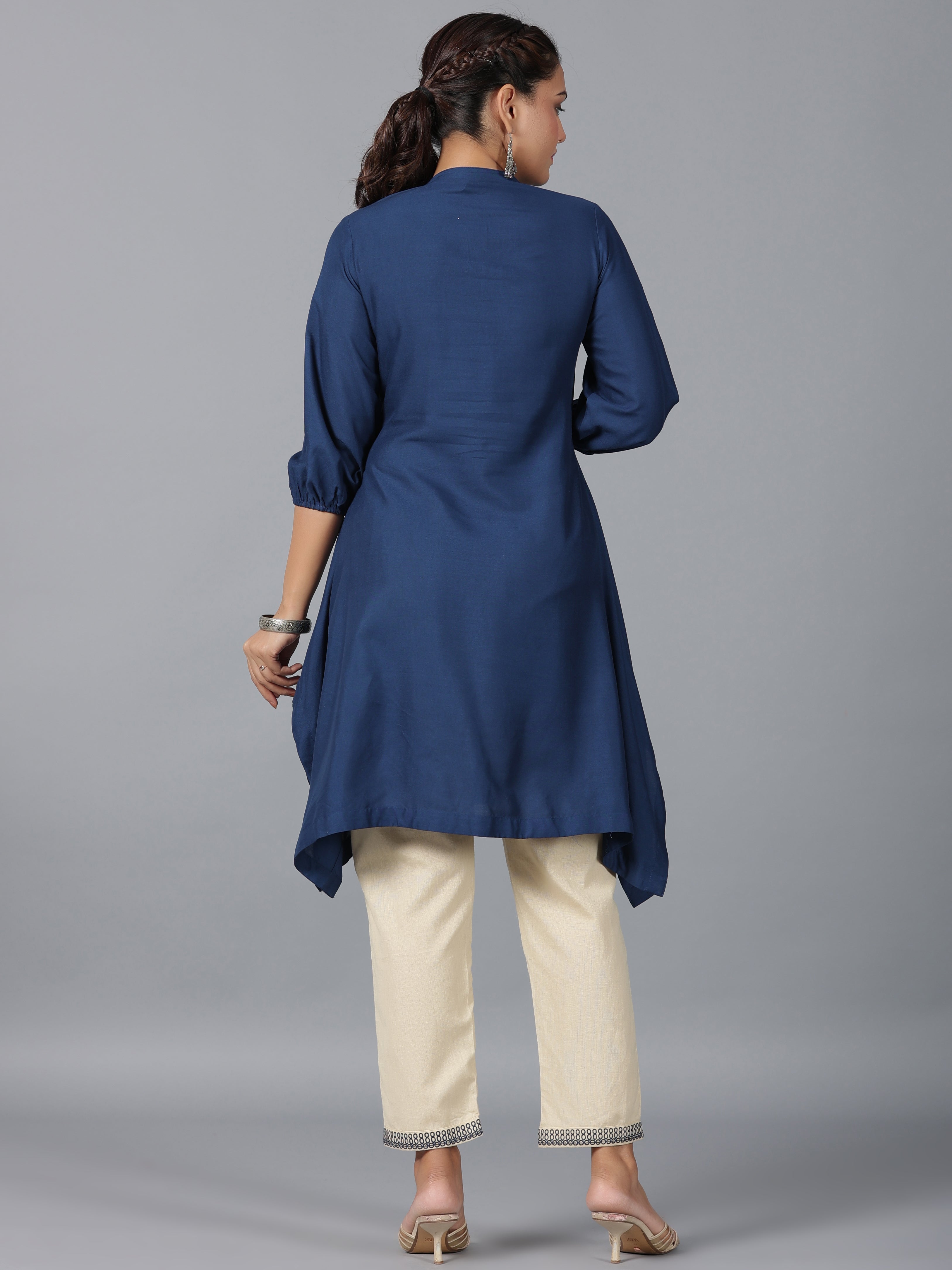 Juniper Women Navy Blue Rayon Embroidered Asymmetric Kurta & Pants Set - Distacart