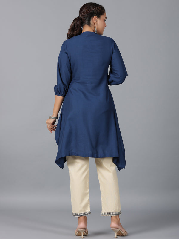 Juniper Women Navy Blue Rayon Embroidered Asymmetric Kurta & Pants Set - Distacart