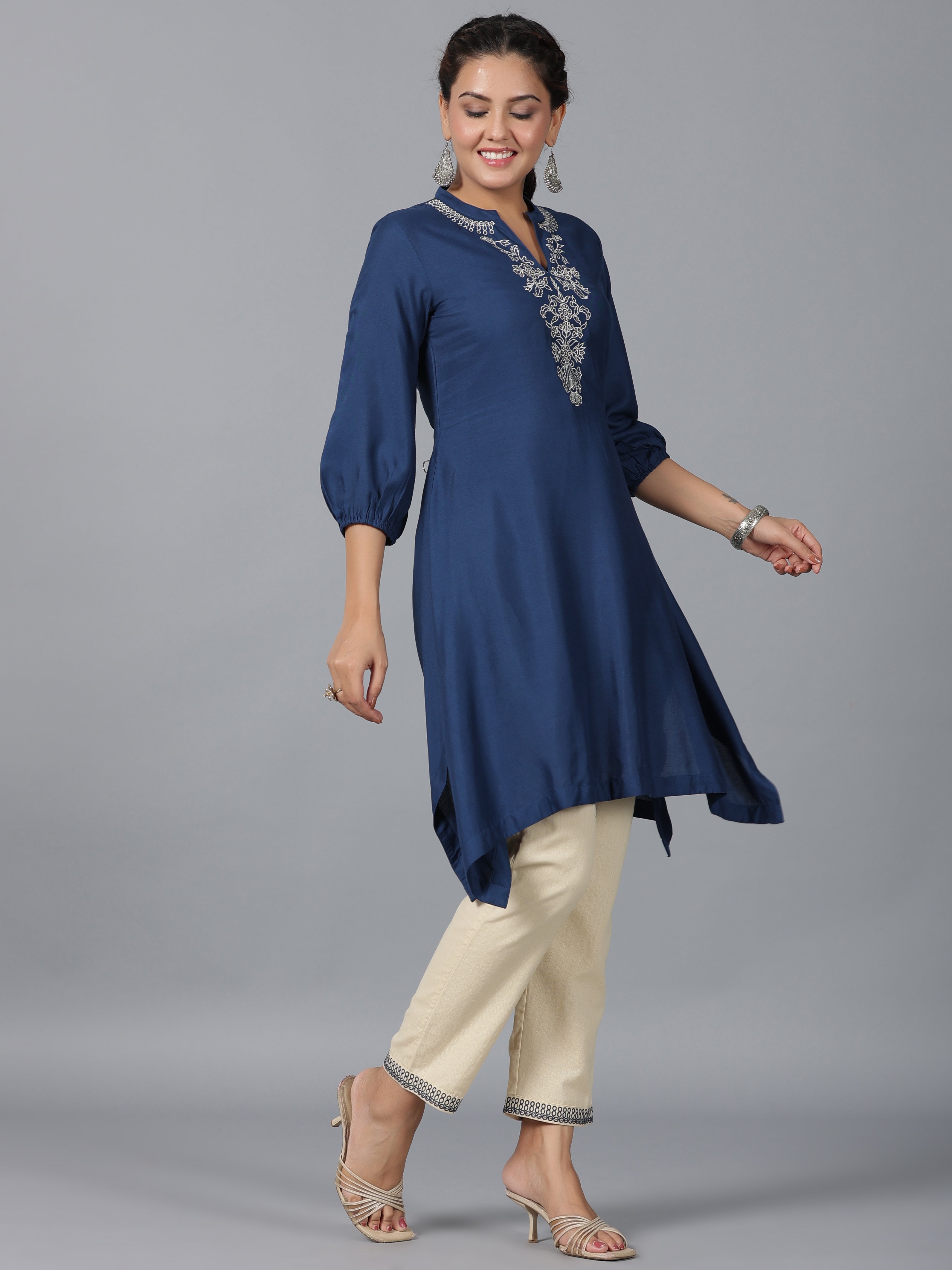 Juniper Women Navy Blue Rayon Embroidered Asymmetric Kurta & Pants Set - Distacart