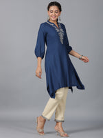 Thumbnail for Juniper Women Navy Blue Rayon Embroidered Asymmetric Kurta & Pants Set - Distacart