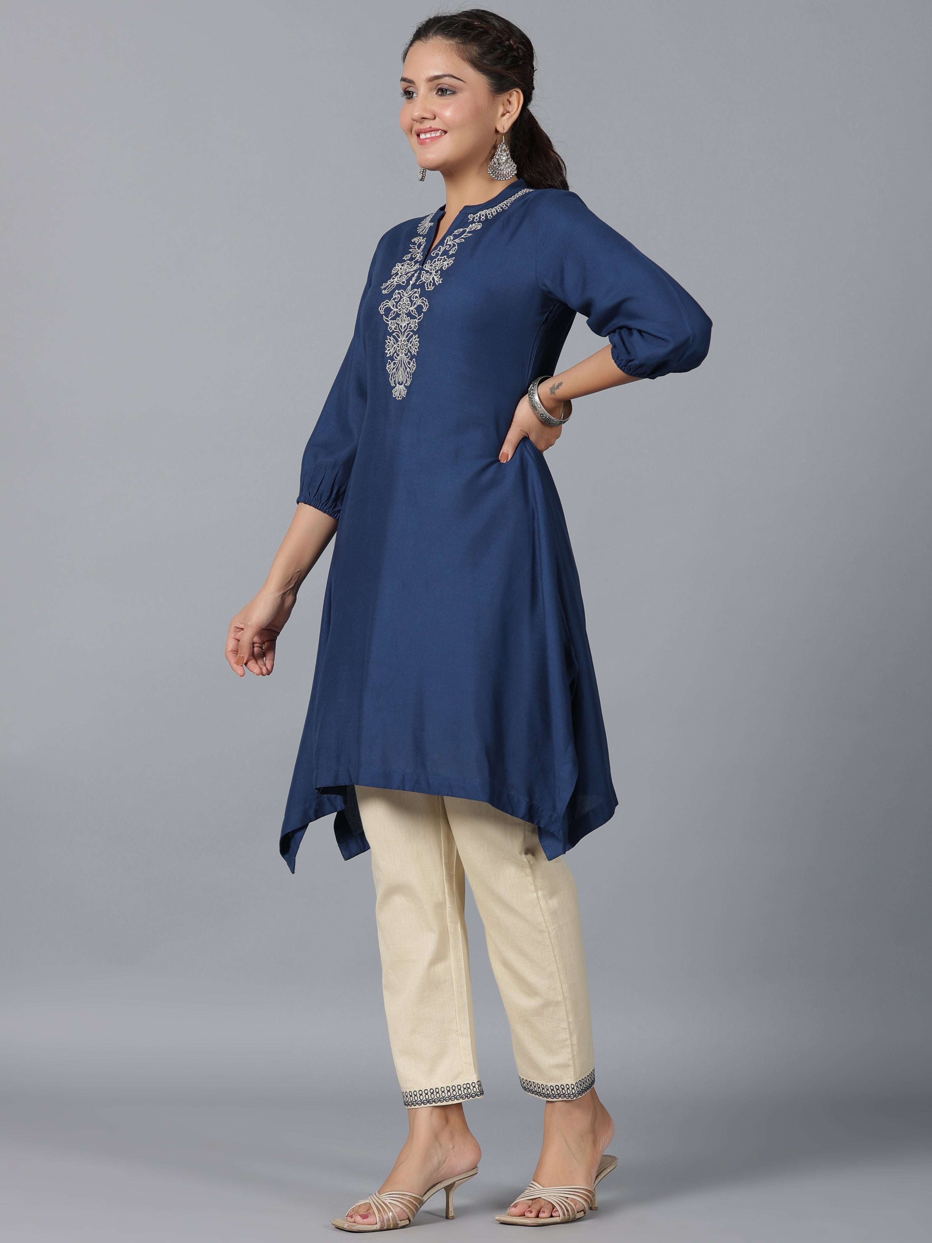 Juniper Women Navy Blue Rayon Embroidered Asymmetric Kurta & Pants Set - Distacart