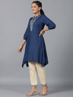 Thumbnail for Juniper Women Navy Blue Rayon Embroidered Asymmetric Kurta & Pants Set - Distacart