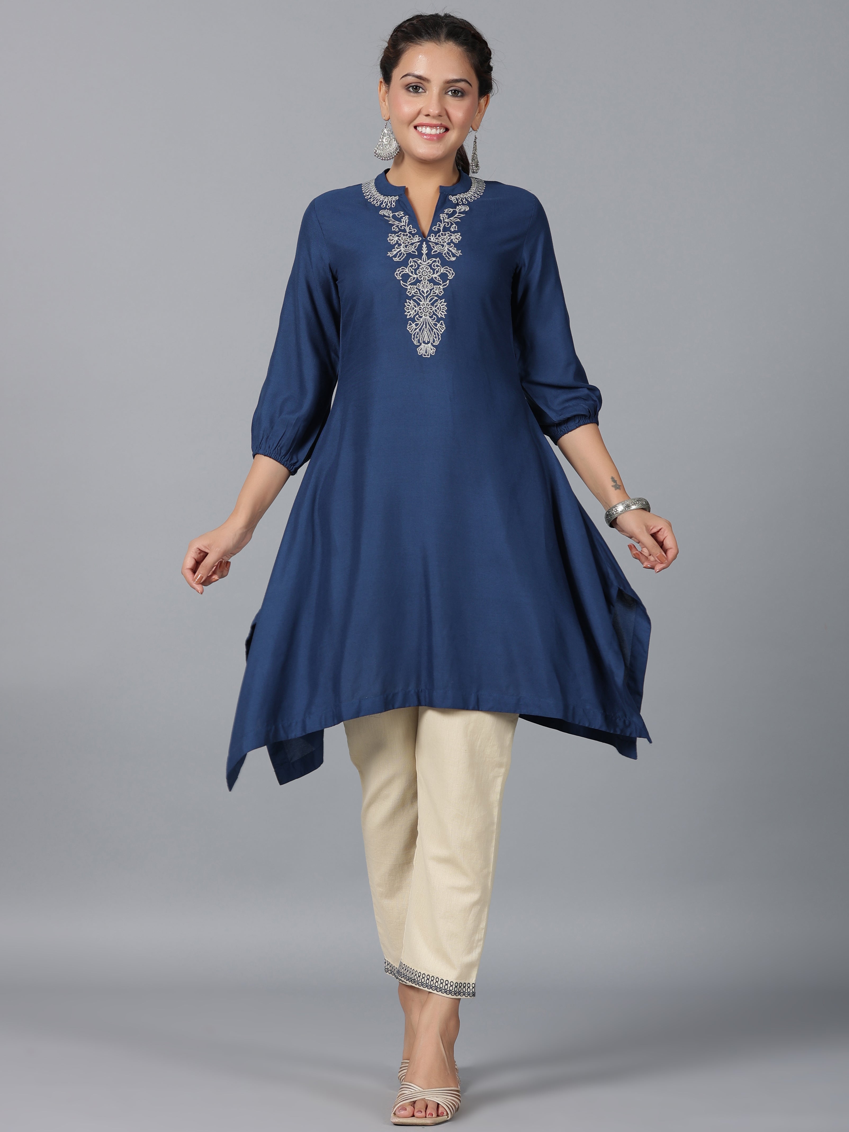 Juniper Women Navy Blue Rayon Embroidered Asymmetric Kurta & Pants Set - Distacart