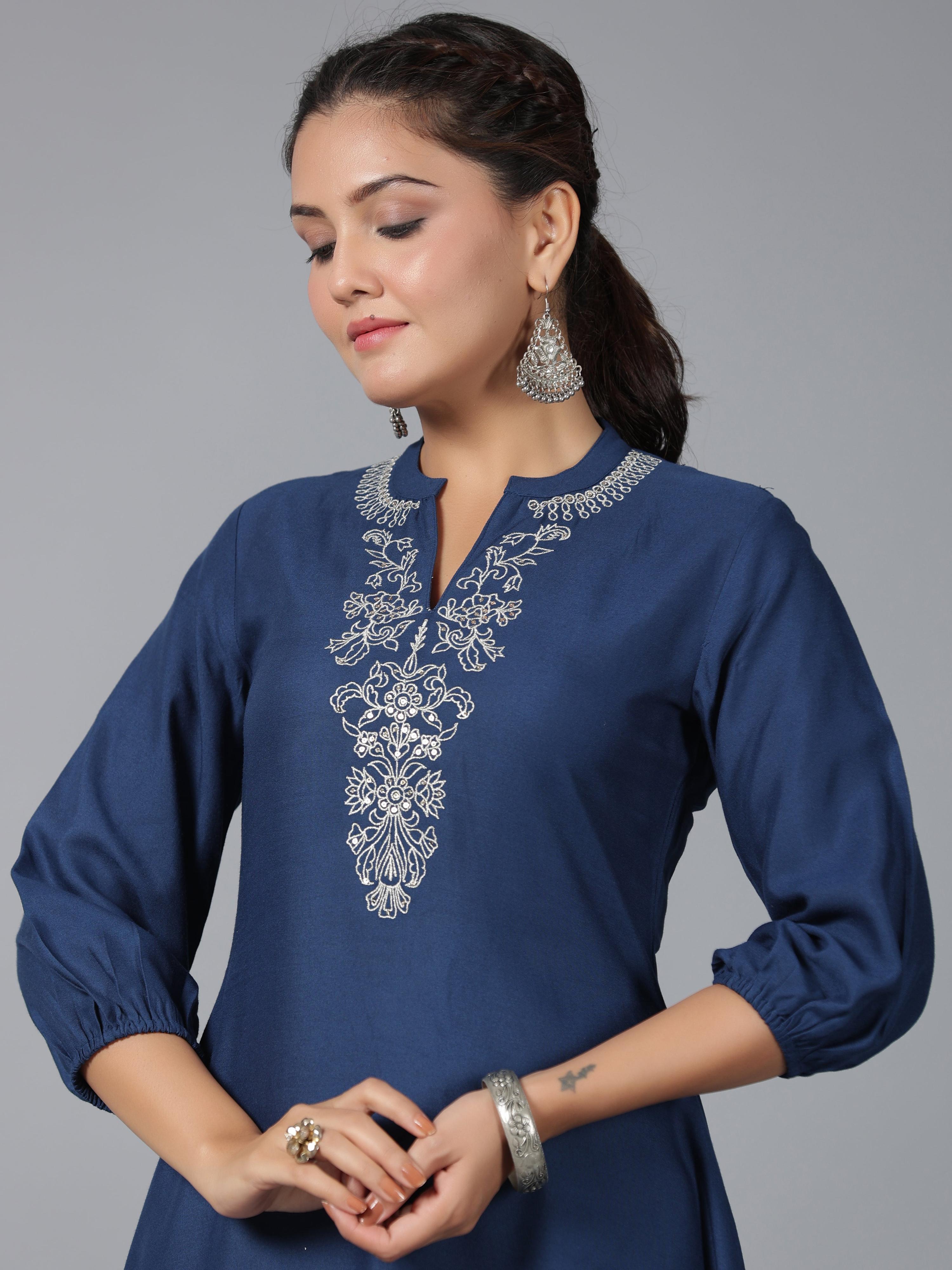 Juniper Women Navy Blue Rayon Embroidered Asymmetric Kurta & Pants Set - Distacart