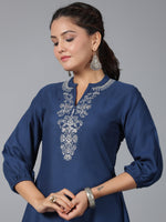 Thumbnail for Juniper Women Navy Blue Rayon Embroidered Asymmetric Kurta & Pants Set - Distacart
