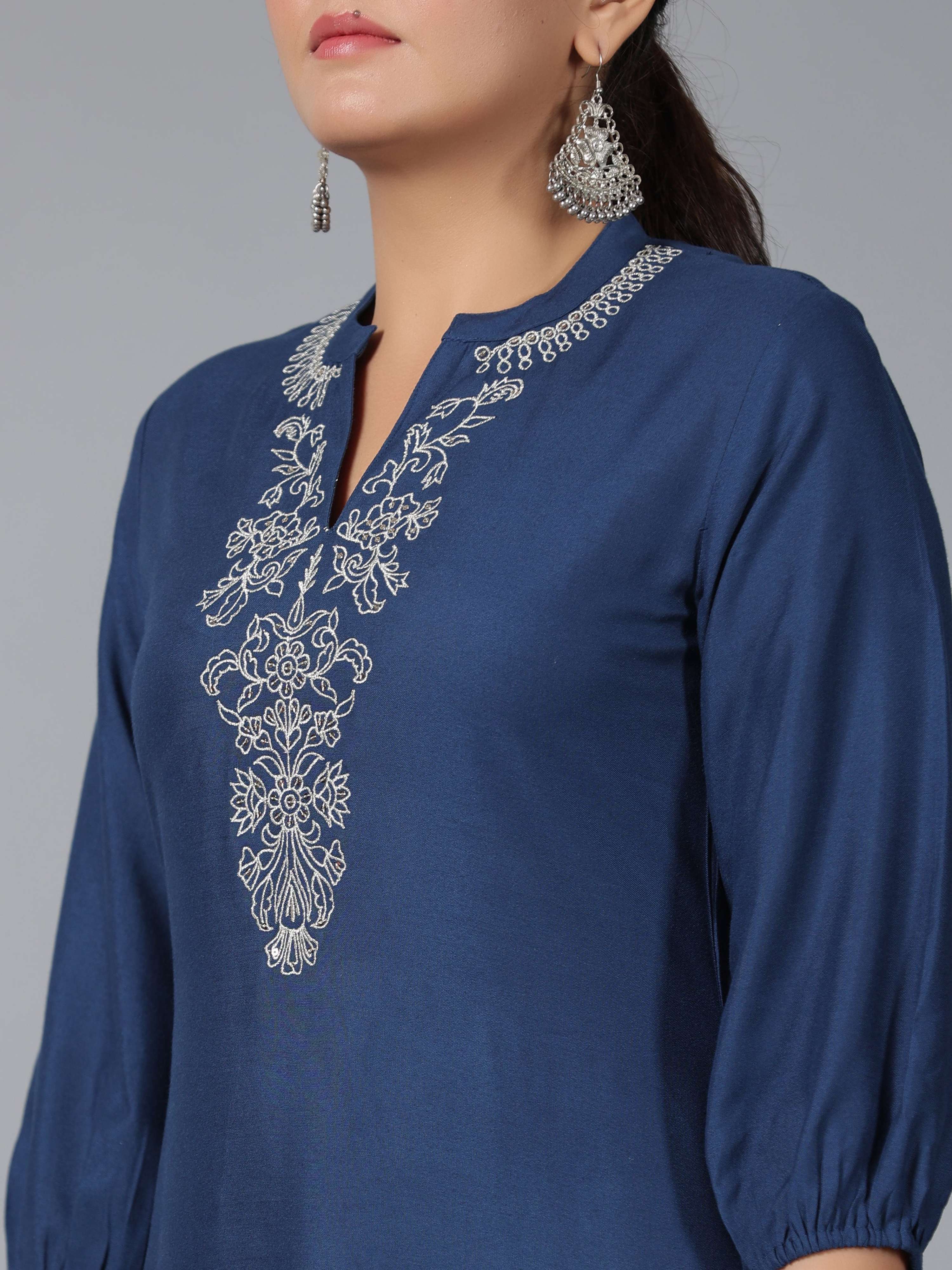 Juniper Women Navy Blue Rayon Embroidered Asymmetric Kurta & Pants Set - Distacart