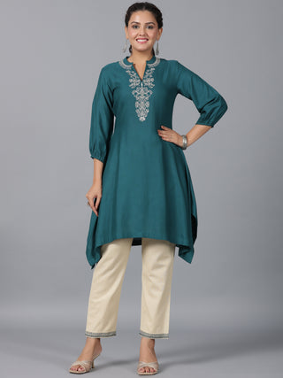 Juniper Women Teal Rayon Embroidered Asymmetric Kurta & Pants Set - Distacart