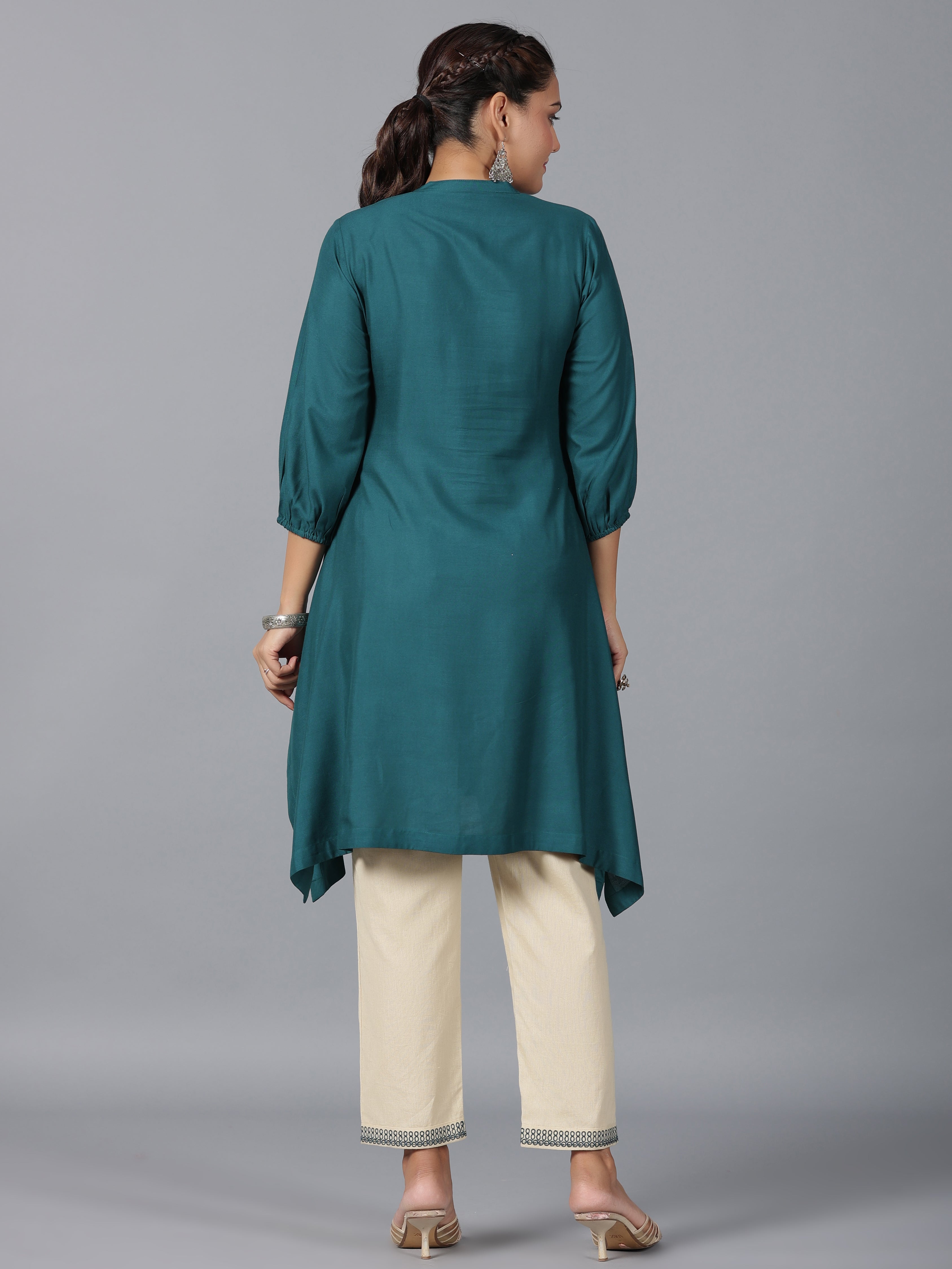 Juniper Women Teal Rayon Embroidered Asymmetric Kurta & Pants Set - Distacart