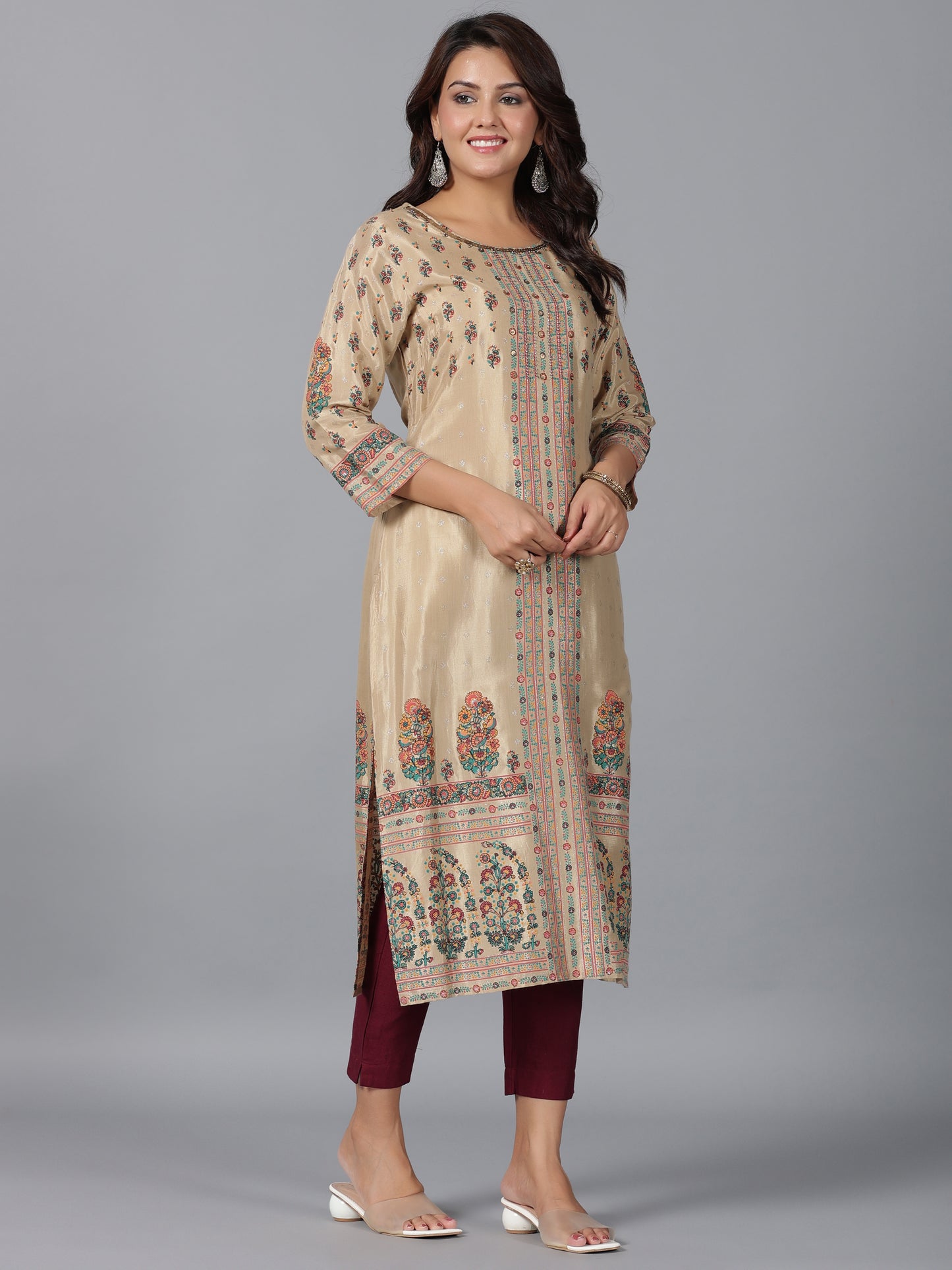 Juniper Women Beige Shantoon Printed Straight Kurta - Distacart