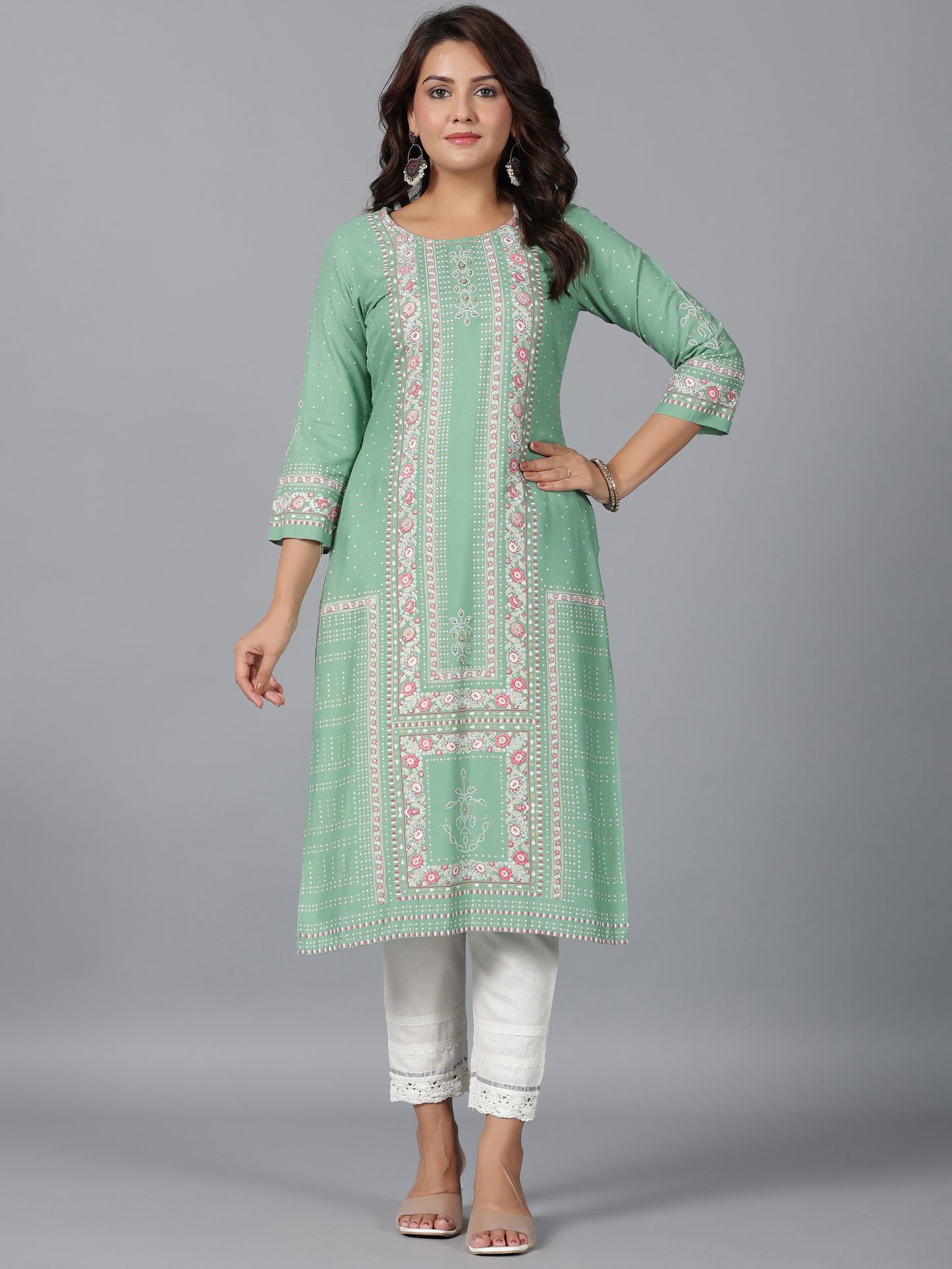 Juniper Women Sage Green Rayon Printed Straight Kurta - Distacart