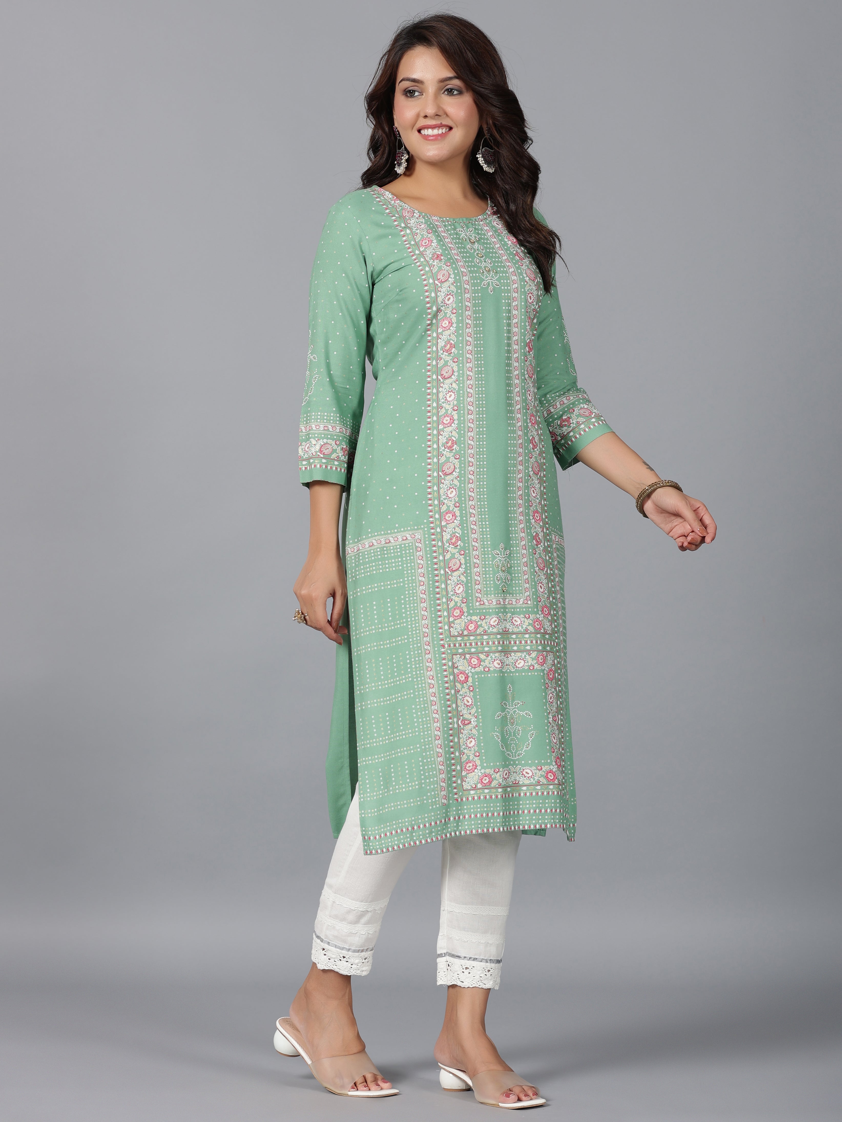Juniper Women Sage Green Rayon Printed Straight Kurta - Distacart