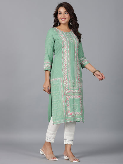 Juniper Women Sage Green Rayon Printed Straight Kurta - Distacart