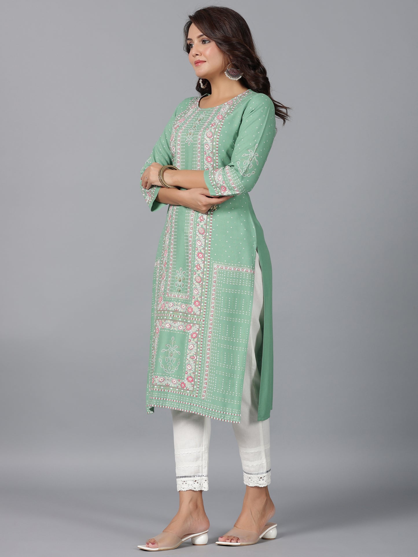 Juniper Women Sage Green Rayon Printed Straight Kurta - Distacart