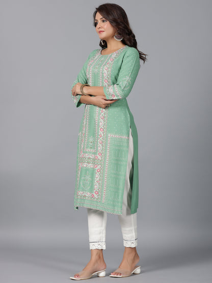 Juniper Women Sage Green Rayon Printed Straight Kurta - Distacart