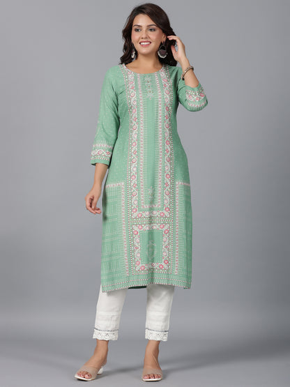 Juniper Women Sage Green Rayon Printed Straight Kurta - Distacart