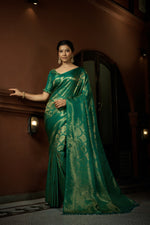 Thumbnail for Vardha Persian Green Golden Zari Kanjeevaram Silk Saree