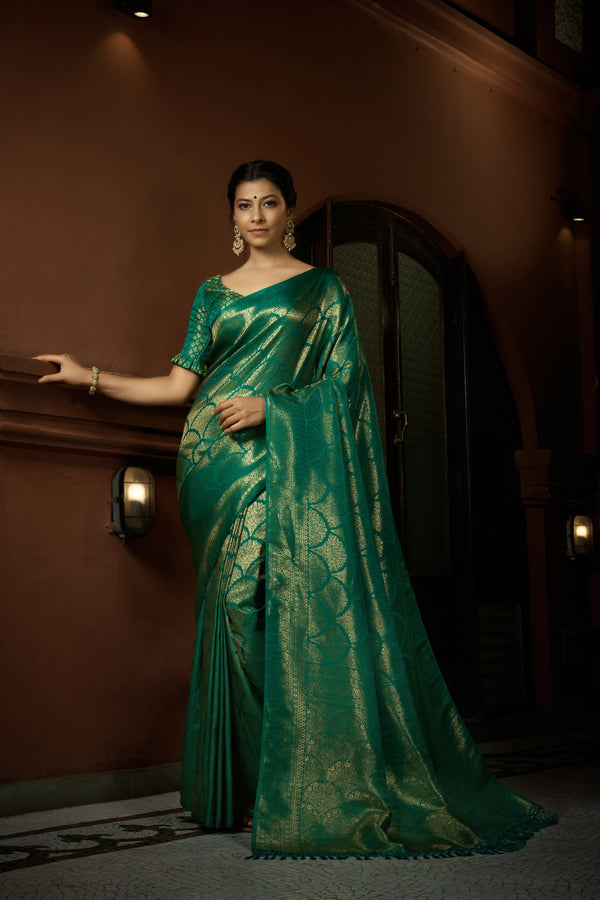 Vardha Persian Green Golden Zari Kanjeevaram Silk Saree