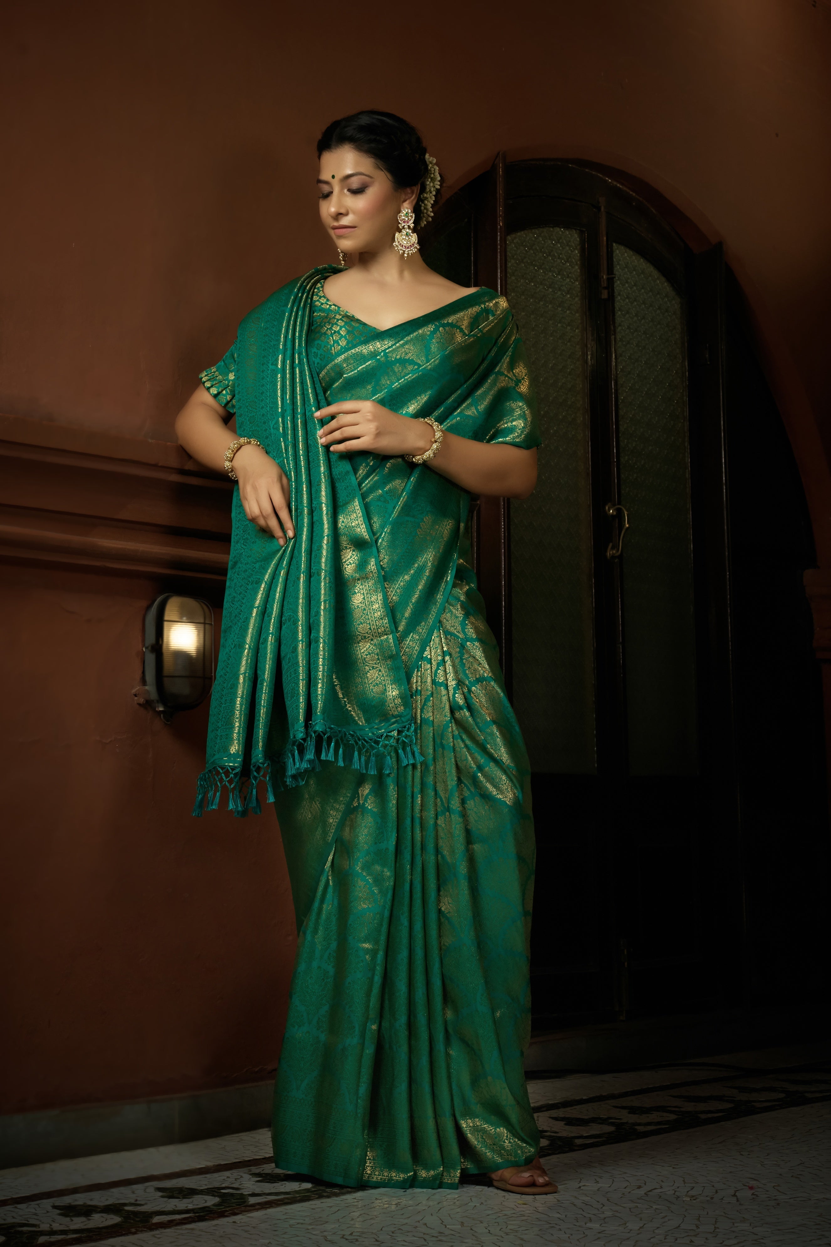 Vardha Persian Green Golden Zari Kanjeevaram Silk Saree