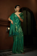 Thumbnail for Vardha Persian Green Golden Zari Kanjeevaram Silk Saree