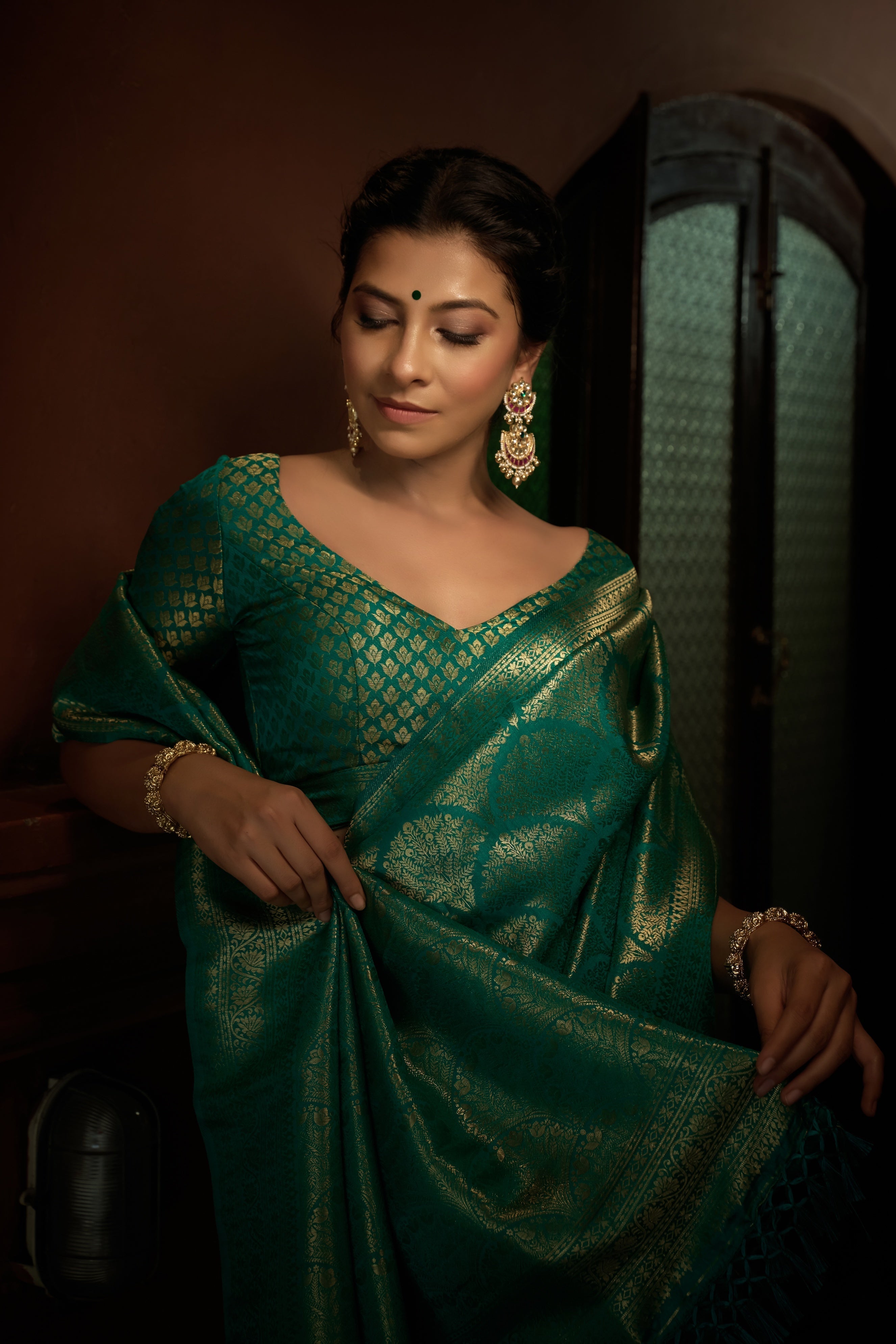 Vardha Persian Green Golden Zari Kanjeevaram Silk Saree