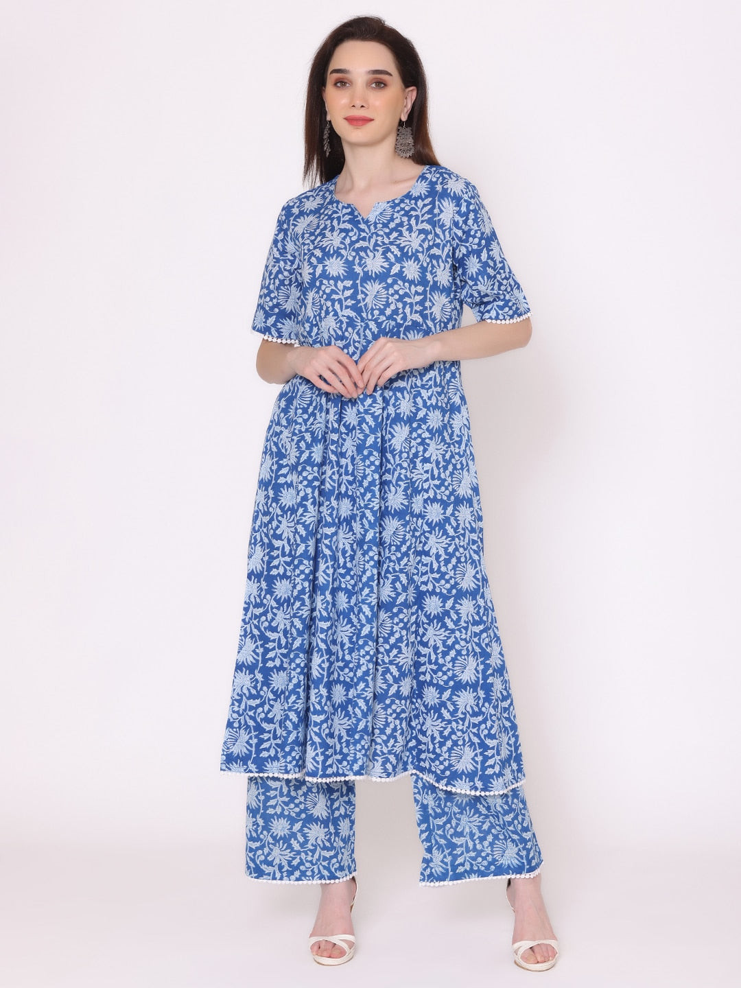 Kalini Kalini Women Blue Floral Printed Pure Cotton Kurta with Trousers - Distacart