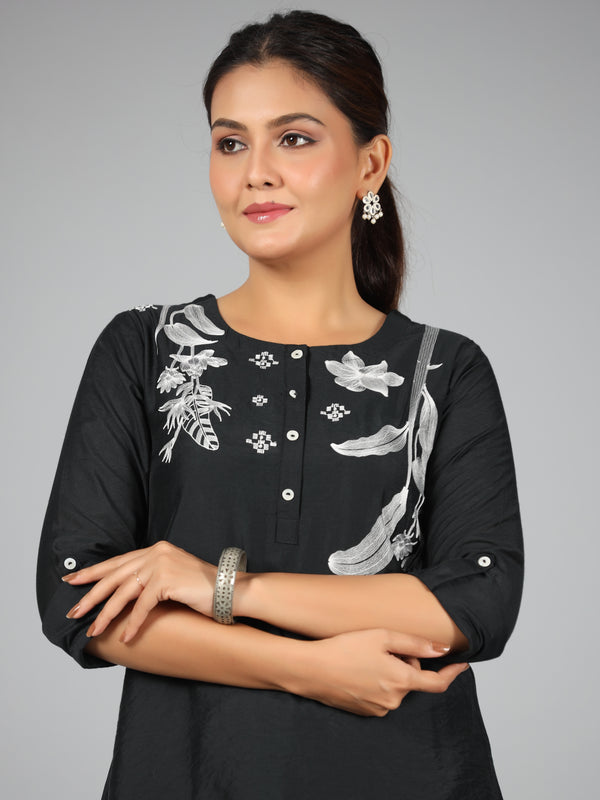 Juniper Women Black Chanderi Embroidered Clothing Set - Distacart
