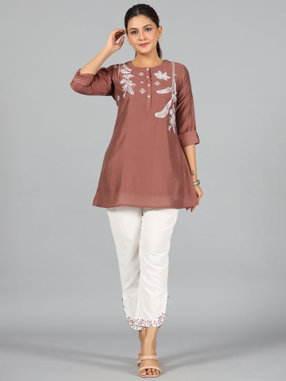 Juniper Women Brown Chanderi Embroidered Clothing Set - Distacart