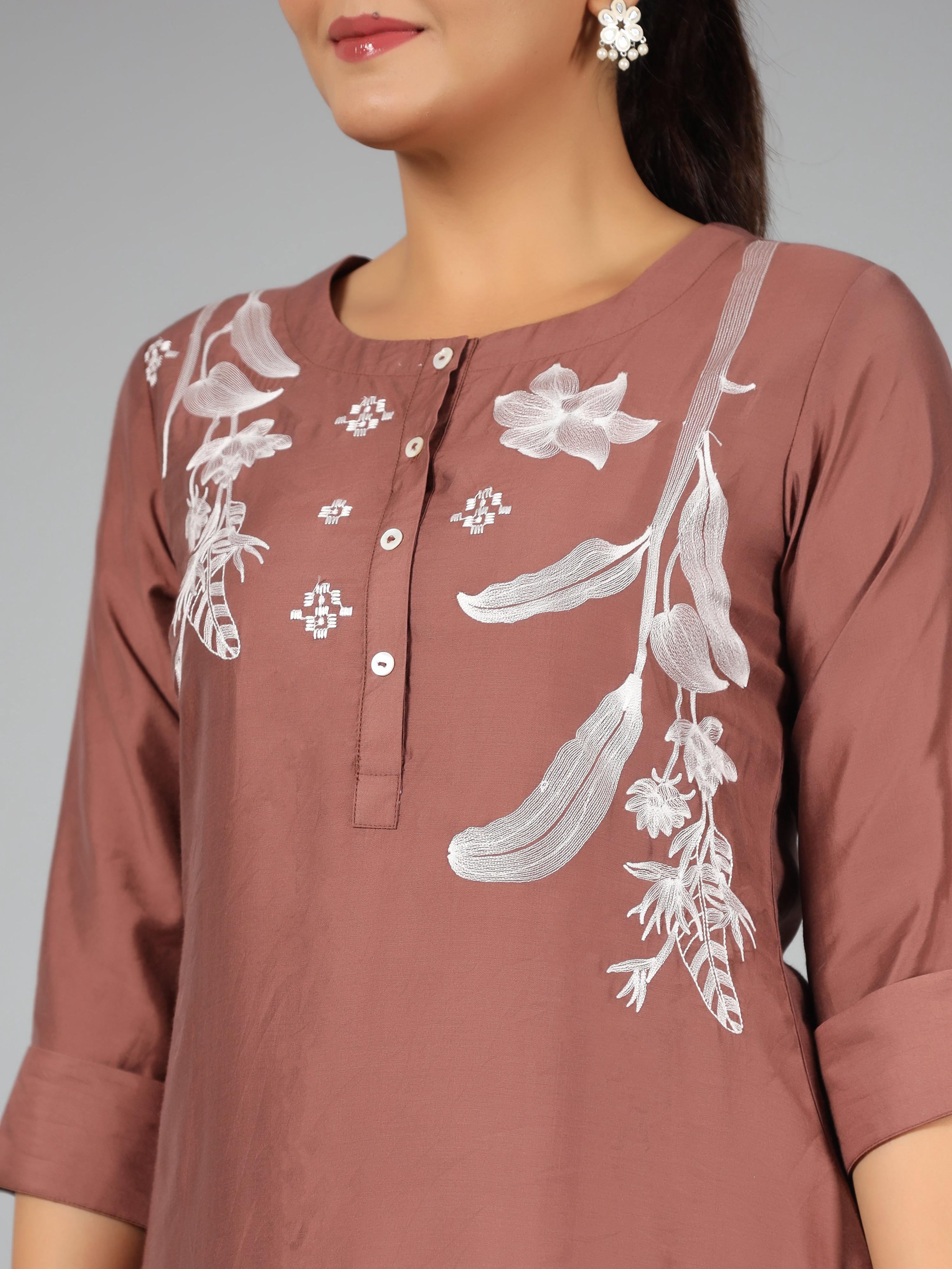 Juniper Women Brown Chanderi Embroidered Clothing Set - Distacart