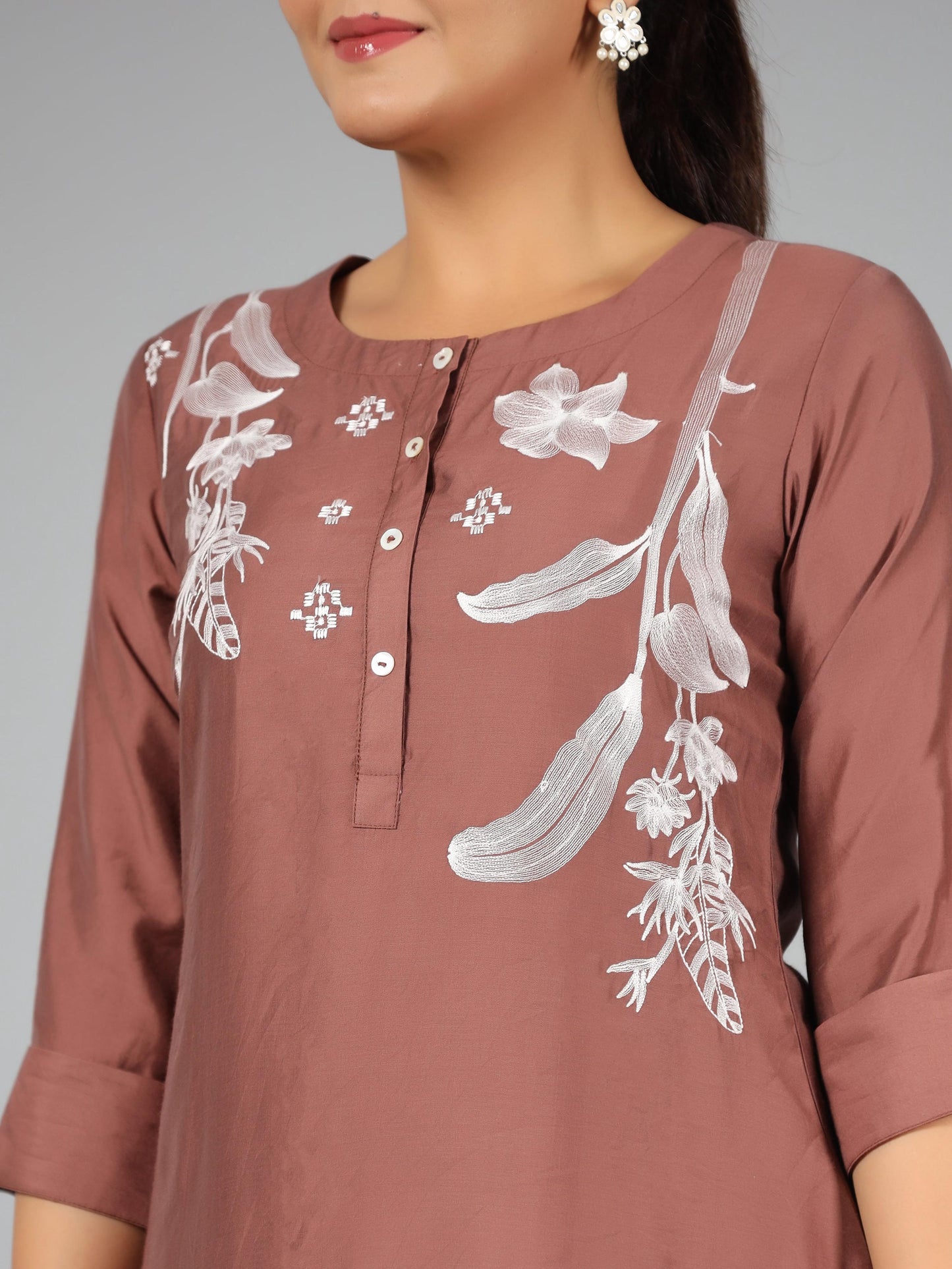 Juniper Women Brown Chanderi Embroidered Clothing Set - Distacart