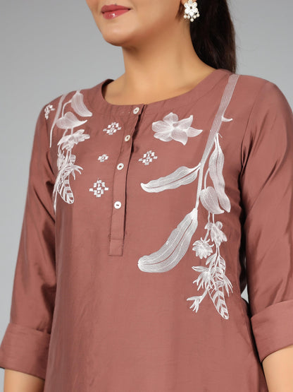 Juniper Women Brown Chanderi Embroidered Clothing Set - Distacart